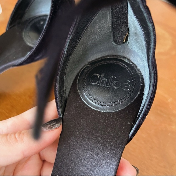 Chloe • Chris Bow Sandals heels black velvet ankle tie patent leather open toe - Picture 5 of 10